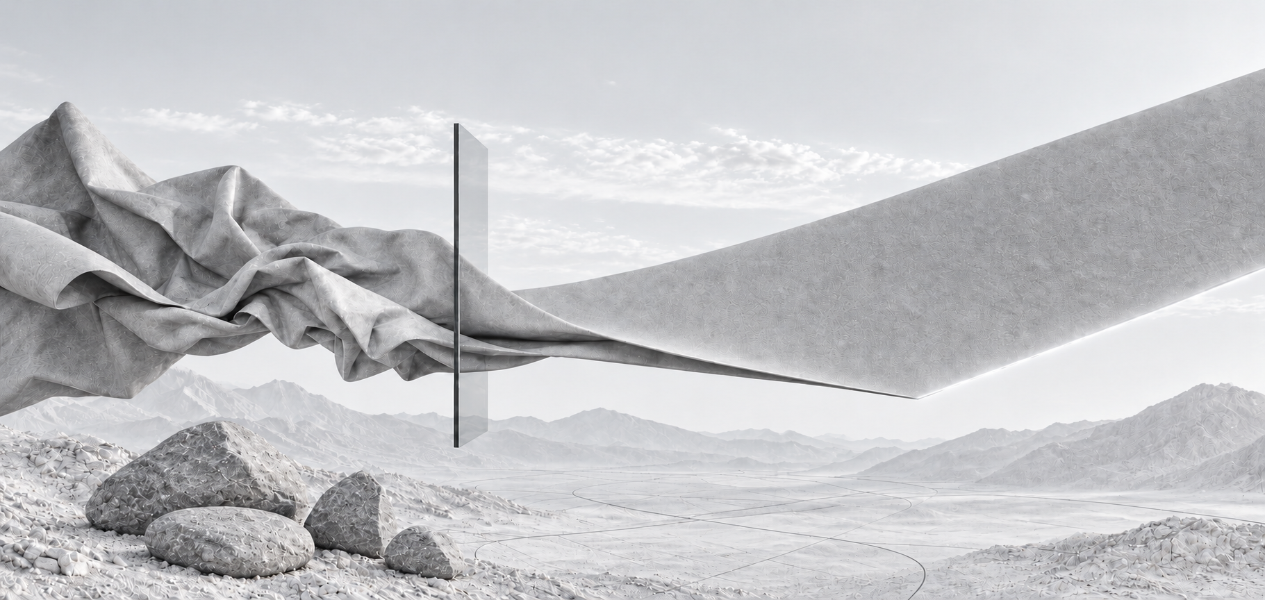 Silver-grey aerodynamic form passing through glass above natural stones