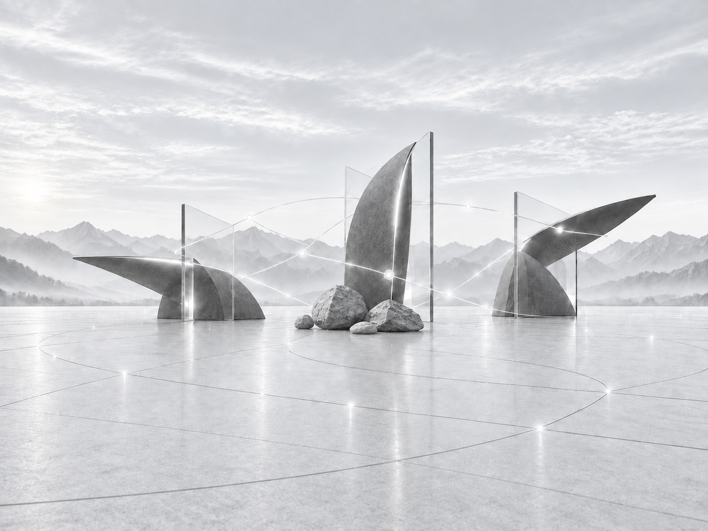 Cool grey flight sculptures and natural stones connected by soft white illuminated paths