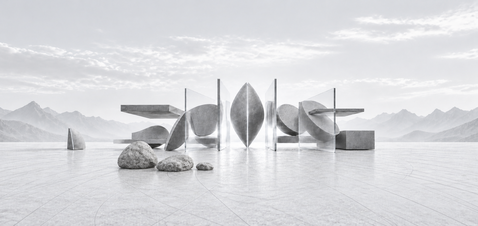 Cool grey aerodynamic sculptures, glass panels, and rough natural stones